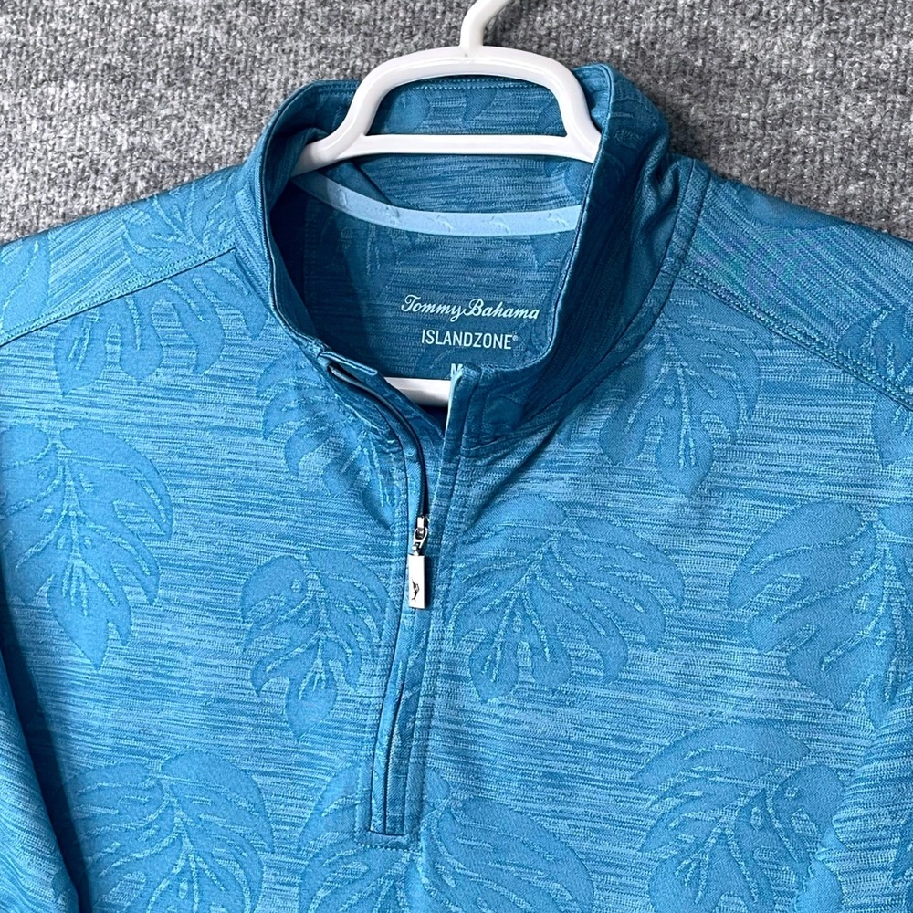 Tommy Bahama IslandZone Mens Blue Tropical Leaf Jacquard 1/4 Zip Pullover M